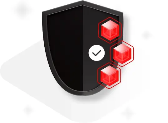 Shield icon with checkmark and red cubes, representing security and validated components on a light background